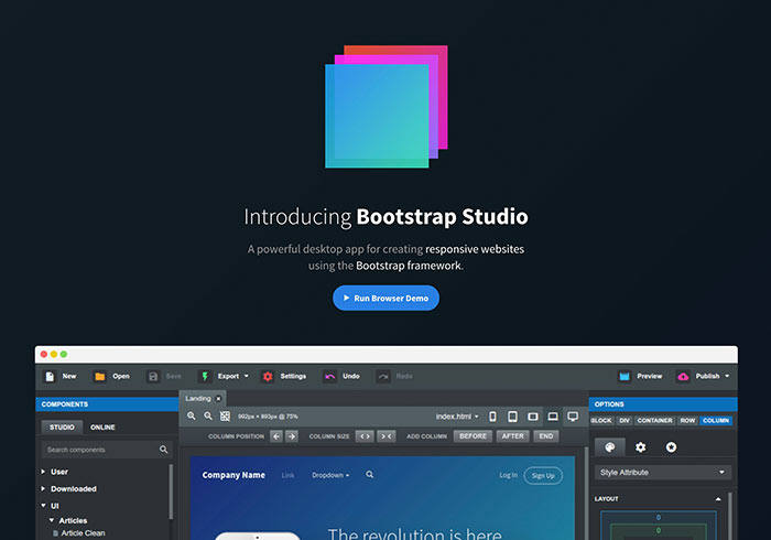Bootstrap Studio 全視覺化Bootatrap編輯器，並支援手動修改HTML、CSS、JS檔