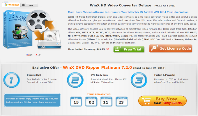 梅新聞 – [WinX HD Video Converter Deluxe] 影片轉檔軟體限時免費送！