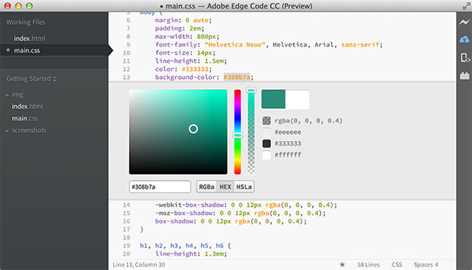 網設必備－《Adobe Edge Code CC》純文字網頁編輯器 (有提示詞與調色盤)