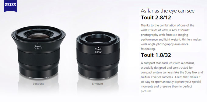《蔡司Zeiss》即將推出全新NEX/Fuji X專用鏡頭Touit(12mm/f2.8、32mm/f1.8)