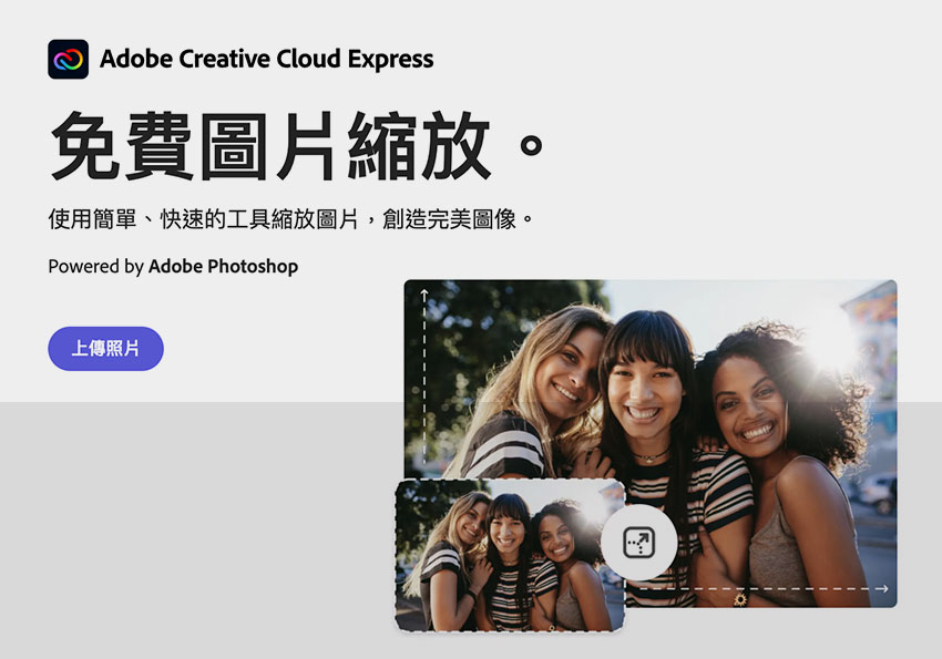 Adobe 雲端工具「免費圖片縮放」可自訂尺寸外，甚至可套用內建社群媒體的圖片範本
