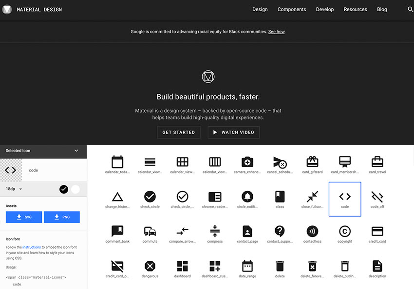 Google 提供免費 2000組的Icon Font圖示，Material icons 為網頁圖示多了一個生力軍
