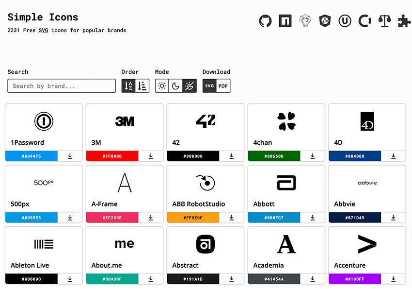 Simple Icons 免費SVG圖示，提供二千個熱門品牌的圖標與標準色