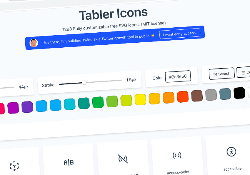Tabler Icons 一個可自訂圖示粗細、色彩、大小，並提供SVG向量檔案免費下載