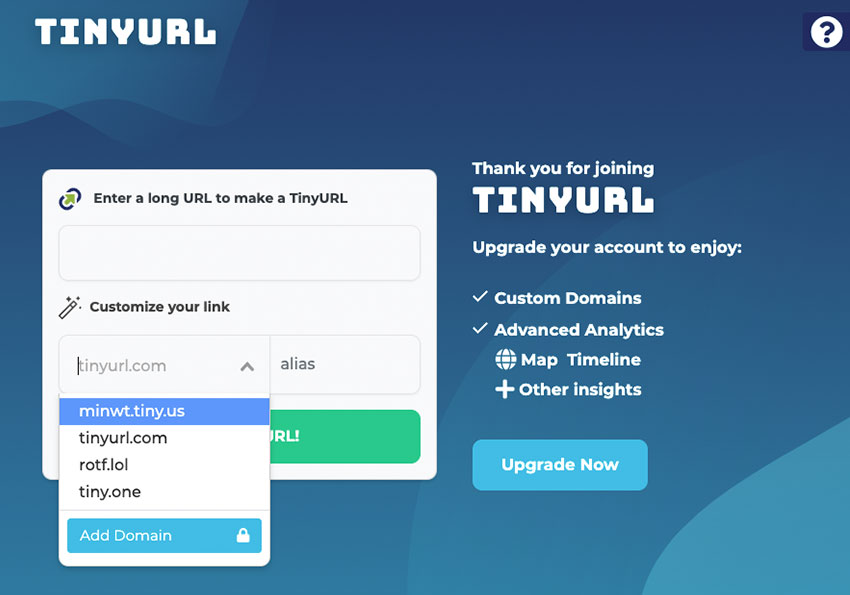 TinyURL 縮網址! 免費版也可自訂專屬的子域名稱與追踨點撃狀況