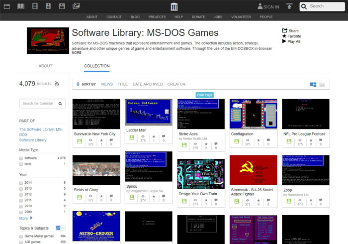 Software Library 打開瀏覽器，超過四千款MS-DOS經典遊戲免費線上玩