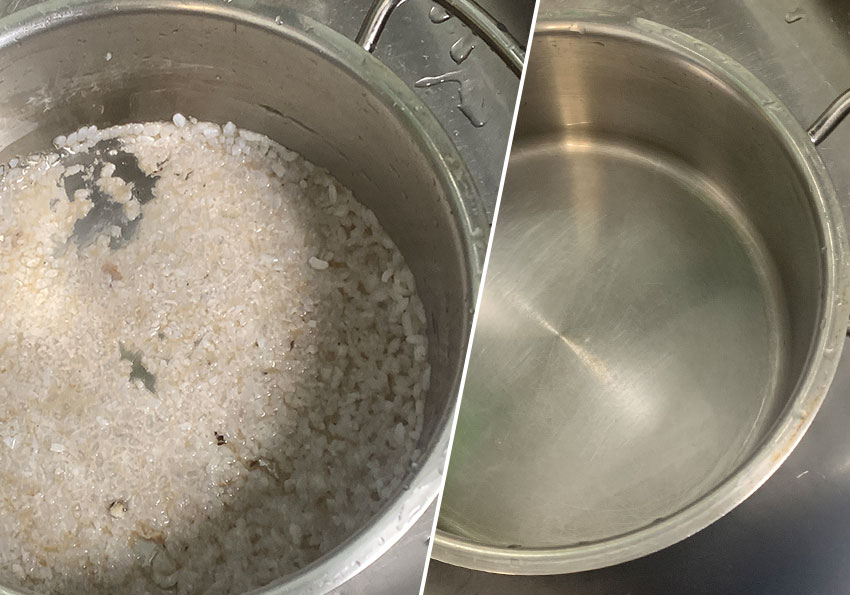 用生米煮粥，不銹鋼鍋殘留一層厚厚的鍋巴要怎麼清