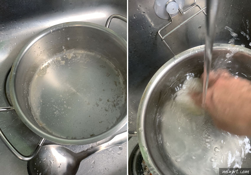 梅問題-用生米煮粥，不銹鋼鍋殘留一層厚厚的鍋巴要怎麼清