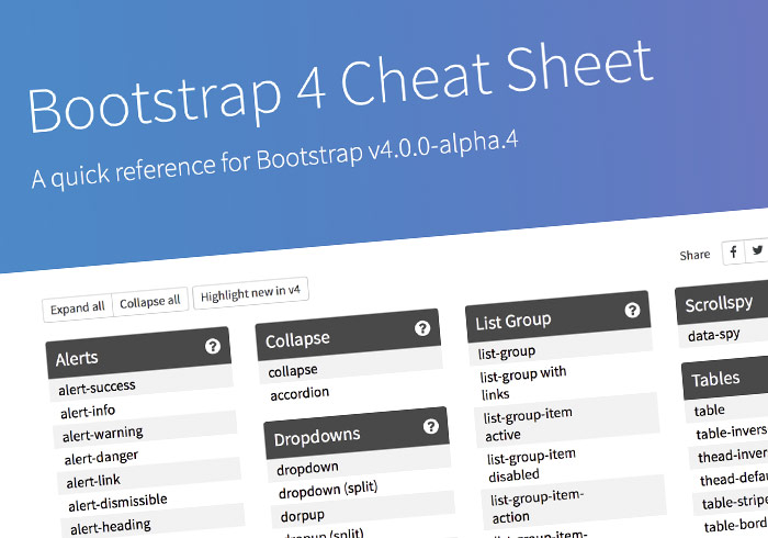 [教學] Bootstrap4 Cheat Sheet 所有範例特效原始碼速查一覽表
