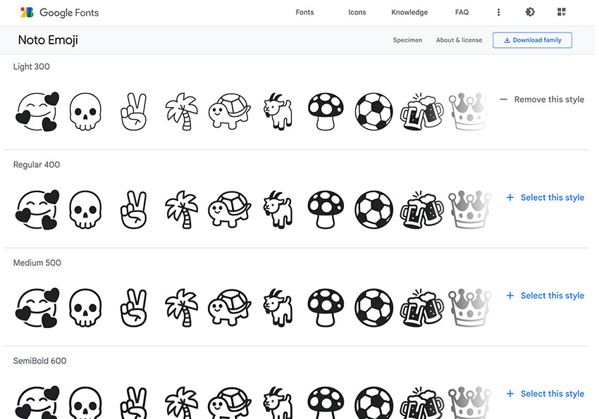 Google 推出線條版的Noto Emoji表情圖示雲端字型，讓你可自行套用到網頁中