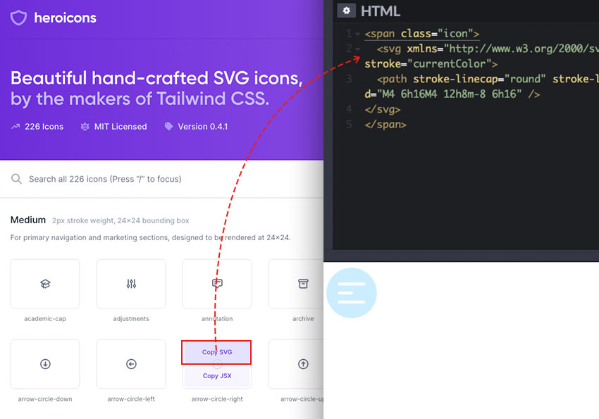 Heroicons 免費可商用的SVG圖示，同時可直接嵌入網頁中使用，並且利用CSS設定圖示的大小與顏色