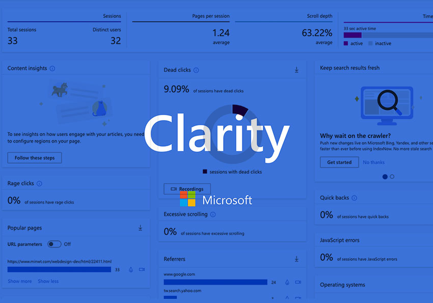 Microsoft Clarity 微軟推出免費網站分析工具，不但可觀察使用者行為甚至還可回放操作狀況