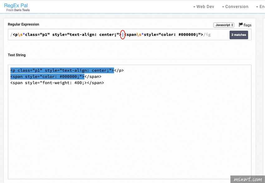梅問題-RegEx Pal 即見即所得，Javascript正規表示線上篩選器