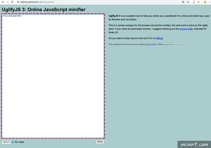 梅問題-UglifyJS 免安裝，線上貼上Javascript原始碥立即壓縮並混淆js