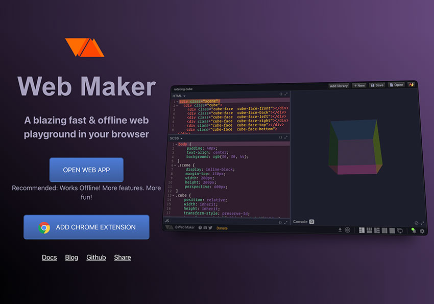 梅問題－Web Maker 將CodePen移植到瀏覽器中，不但支援離線編輯、儲存、下載，甚至還可同步至CodePen