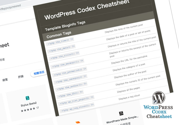 [外掛] WordPress Codex Cheatshee 打開瀏覽器，快速查看WordPress佈景主題開發可用函式